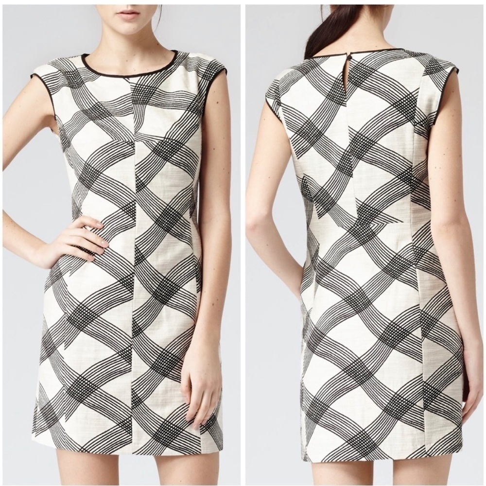 Reiss Antibes Multi Checkered Dress Size 2 Black Cream Geometric Wave